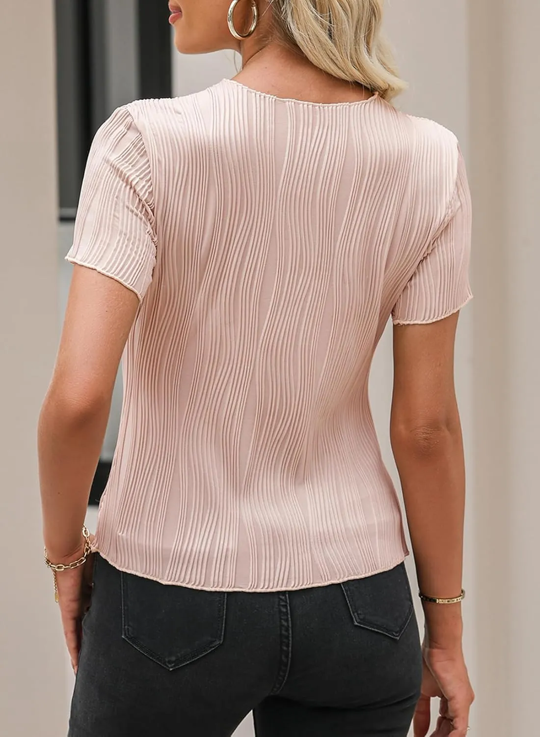 EVALESS Womens Short Sleeve Textured Tops Summer Casual Crewneck Solid Slim Fitted Basic T Shirts Tee Blouses