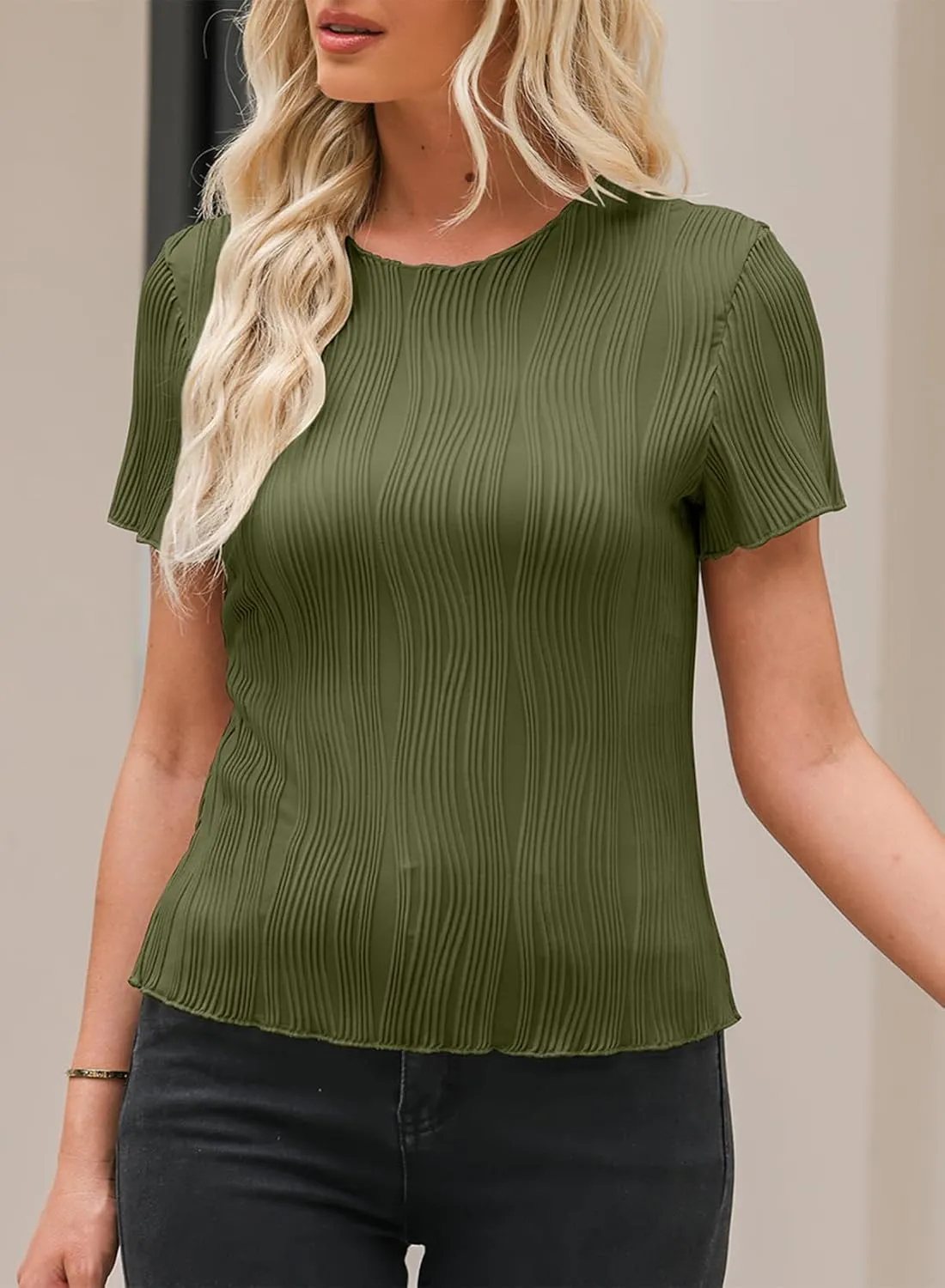 EVALESS Womens Short Sleeve Textured Tops Summer Casual Crewneck Solid Slim Fitted Basic T Shirts Tee Blouses