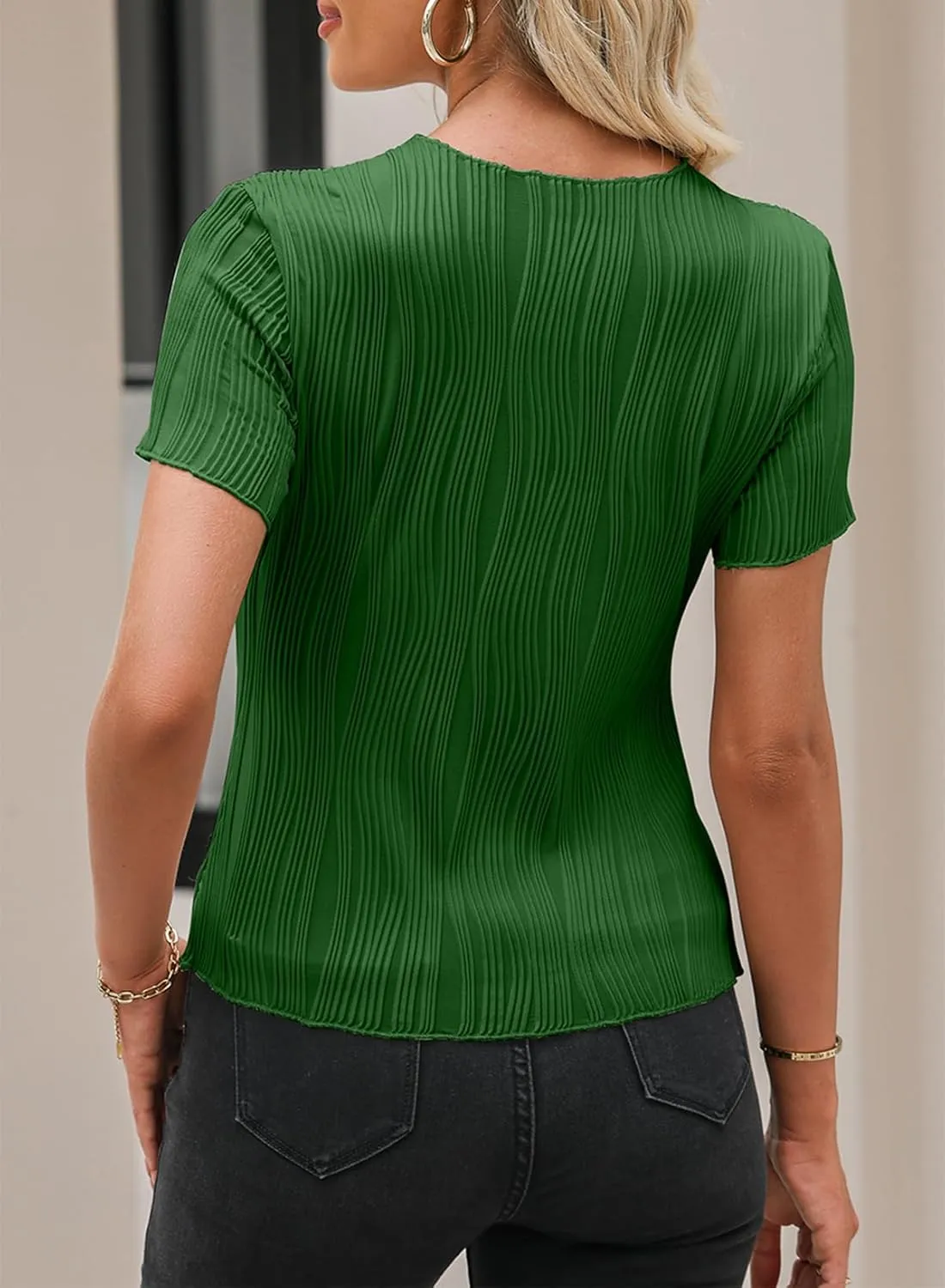 EVALESS Womens Short Sleeve Textured Tops Summer Casual Crewneck Solid Slim Fitted Basic T Shirts Tee Blouses