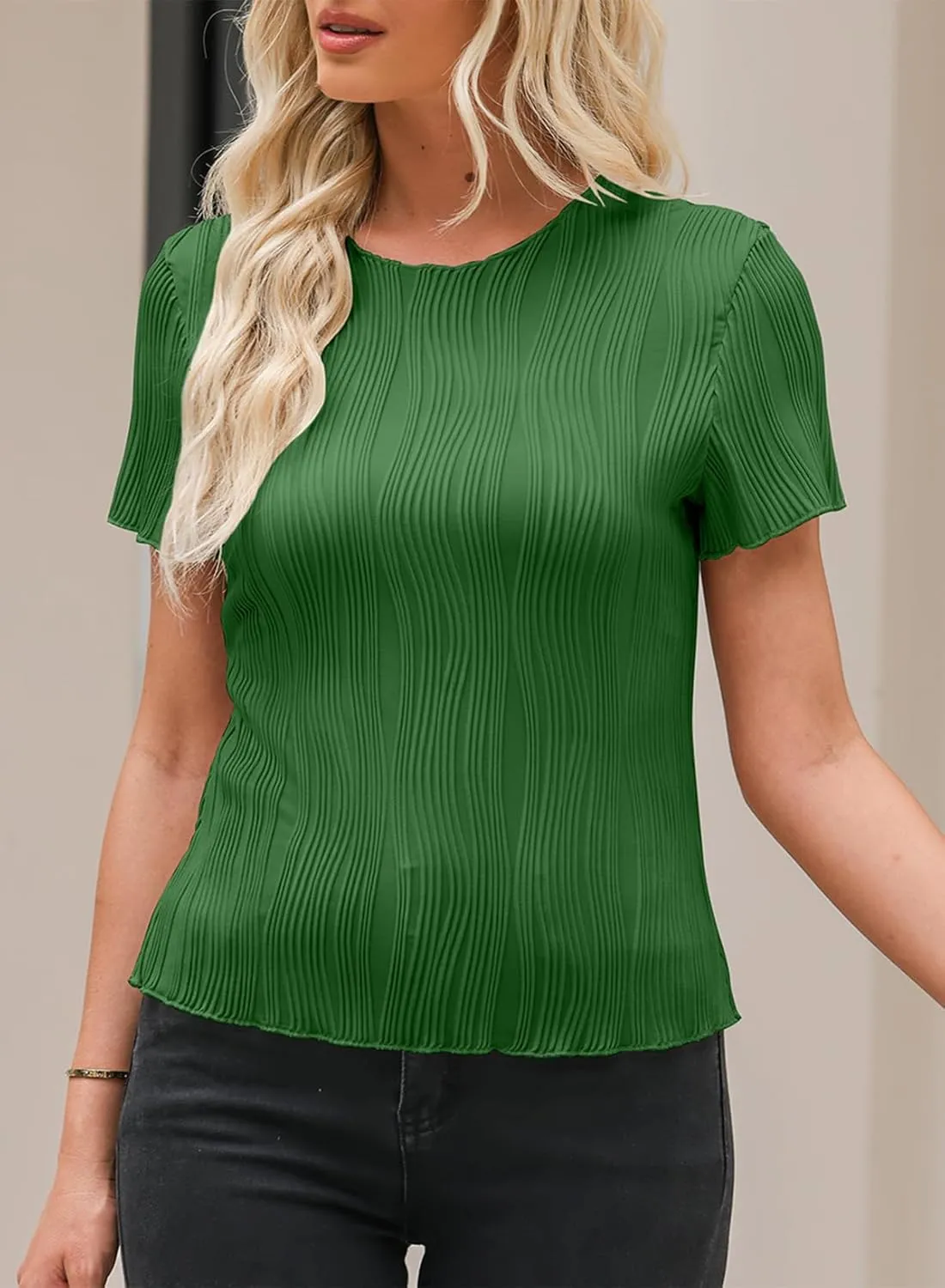 EVALESS Womens Short Sleeve Textured Tops Summer Casual Crewneck Solid Slim Fitted Basic T Shirts Tee Blouses