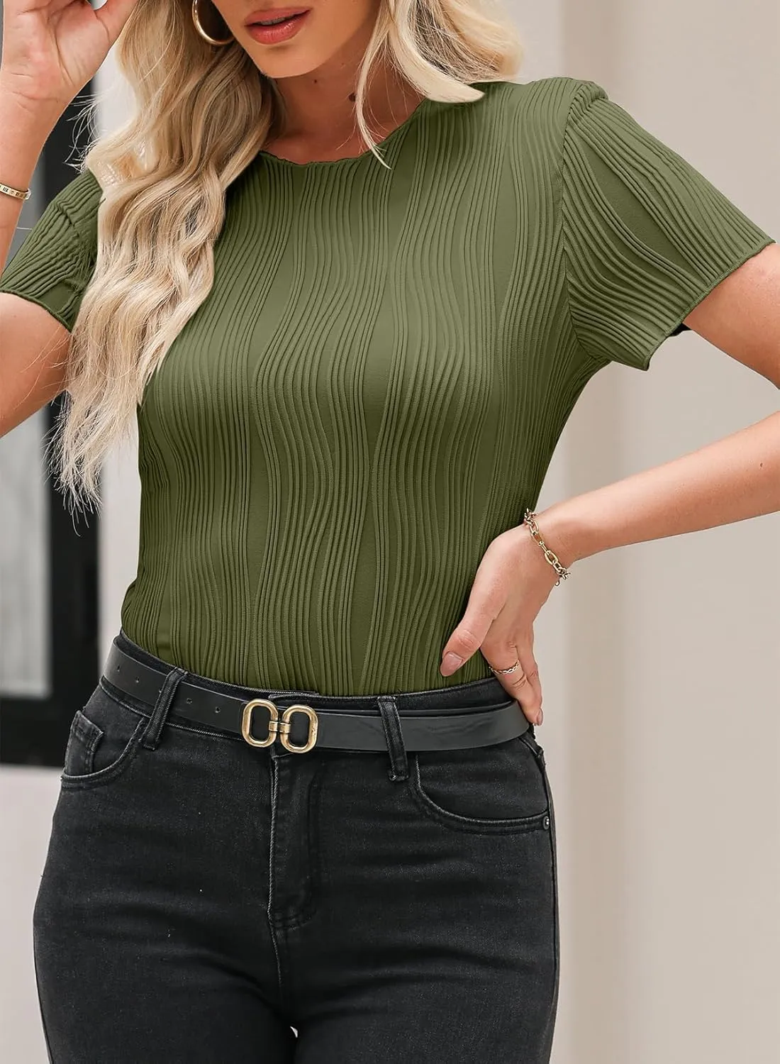 EVALESS Womens Short Sleeve Textured Tops Summer Casual Crewneck Solid Slim Fitted Basic T Shirts Tee Blouses