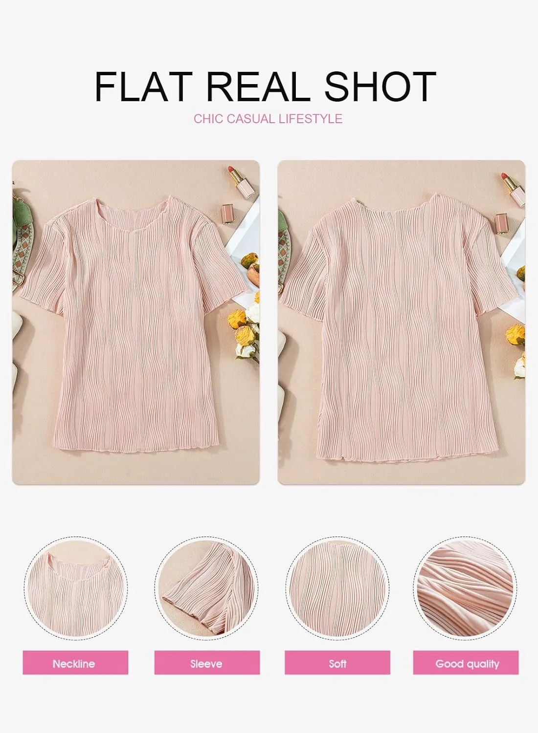 EVALESS Womens Short Sleeve Textured Tops Summer Casual Crewneck Solid Slim Fitted Basic T Shirts Tee Blouses