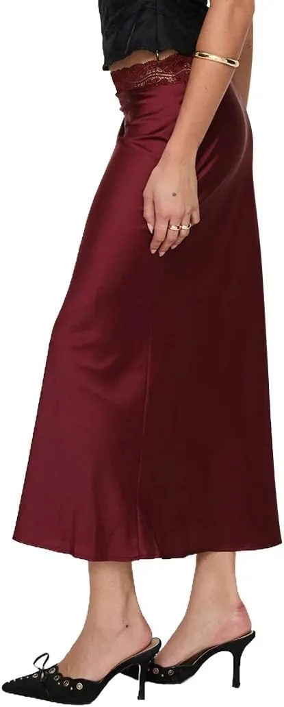 Ezcosplay Women Satin Silk Maxi Skirt Lace High Elastic Waisted Cocktail Party Wedding Silky Long Skirts