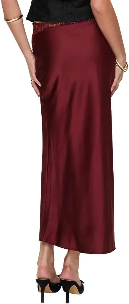 Ezcosplay Women Satin Silk Maxi Skirt Lace High Elastic Waisted Cocktail Party Wedding Silky Long Skirts