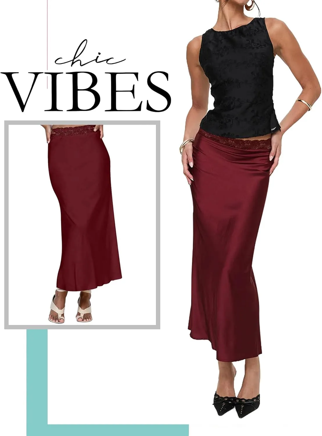 Ezcosplay Women Satin Silk Maxi Skirt Lace High Elastic Waisted Cocktail Party Wedding Silky Long Skirts