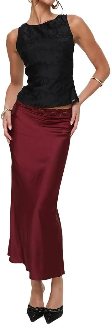 Ezcosplay Women Satin Silk Maxi Skirt Lace High Elastic Waisted Cocktail Party Wedding Silky Long Skirts