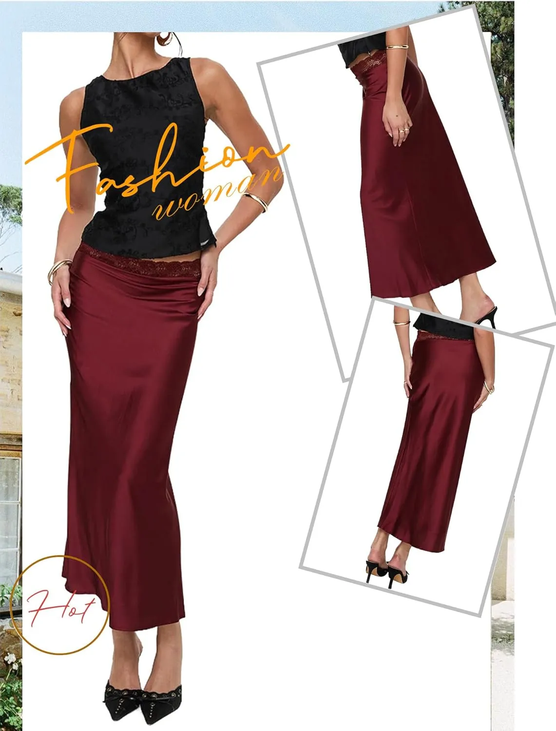 Ezcosplay Women Satin Silk Maxi Skirt Lace High Elastic Waisted Cocktail Party Wedding Silky Long Skirts