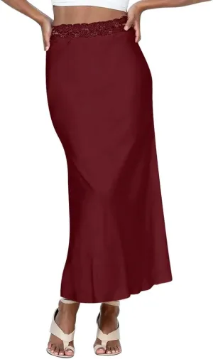 Ezcosplay Women Satin Silk Maxi Skirt Lace High Elastic Waisted Cocktail Party Wedding Silky Long Skirts