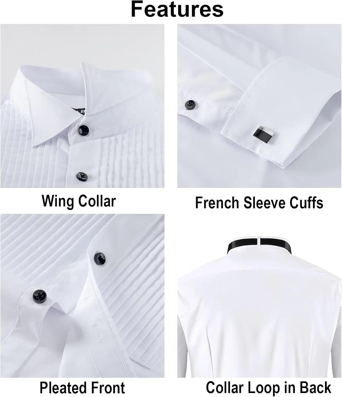 FAHIZO Men's White Tuxedo Shirt with Wing Collar, French Cuffs & Accessories