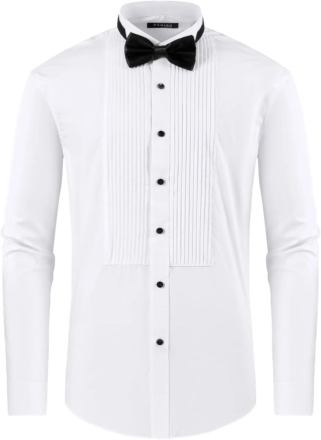 FAHIZO Men's White Tuxedo Shirt with Wing Collar, French Cuffs & Accessories