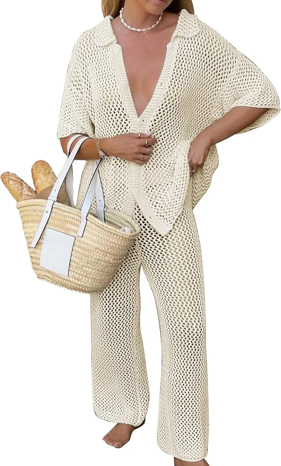 Famulily Womens Sexy Hollow Out Swimsuit Cover Up Sets Button Up Tops and Drawstring Pants 2 Piece Beach Set