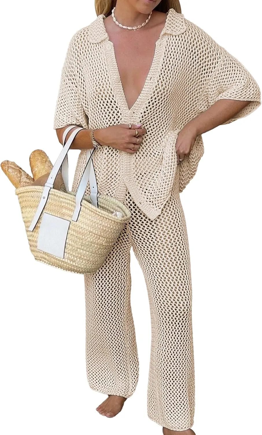 Famulily Womens Sexy Hollow Out Swimsuit Cover Up Sets Button Up Tops and Drawstring Pants 2 Piece Beach Set