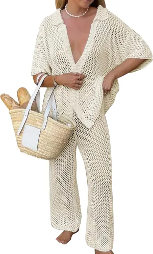 Famulily Womens Sexy Hollow Out Swimsuit Cover Up Sets Button Up Tops and Drawstring Pants 2 Piece Beach Set