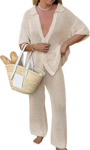 Famulily Womens Sexy Hollow Out Swimsuit Cover Up Sets Button Up Tops and Drawstring Pants 2 Piece Beach Set