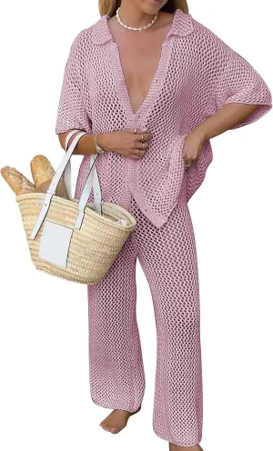 Famulily Womens Sexy Hollow Out Swimsuit Cover Up Sets Button Up Tops and Drawstring Pants 2 Piece Beach Set