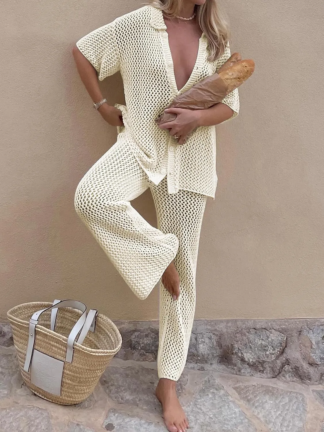 Famulily Womens Sexy Hollow Out Swimsuit Cover Up Sets Button Up Tops and Drawstring Pants 2 Piece Beach Set