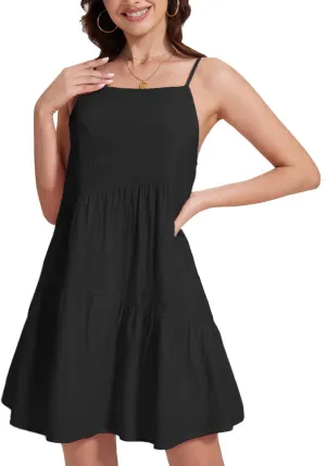 FANCYINN Women's 2025 Summer Mini Dress Sleeveless Spaghetti Strap,Backless Tiered Swing Dress Beach Wedding Guest,Vacation