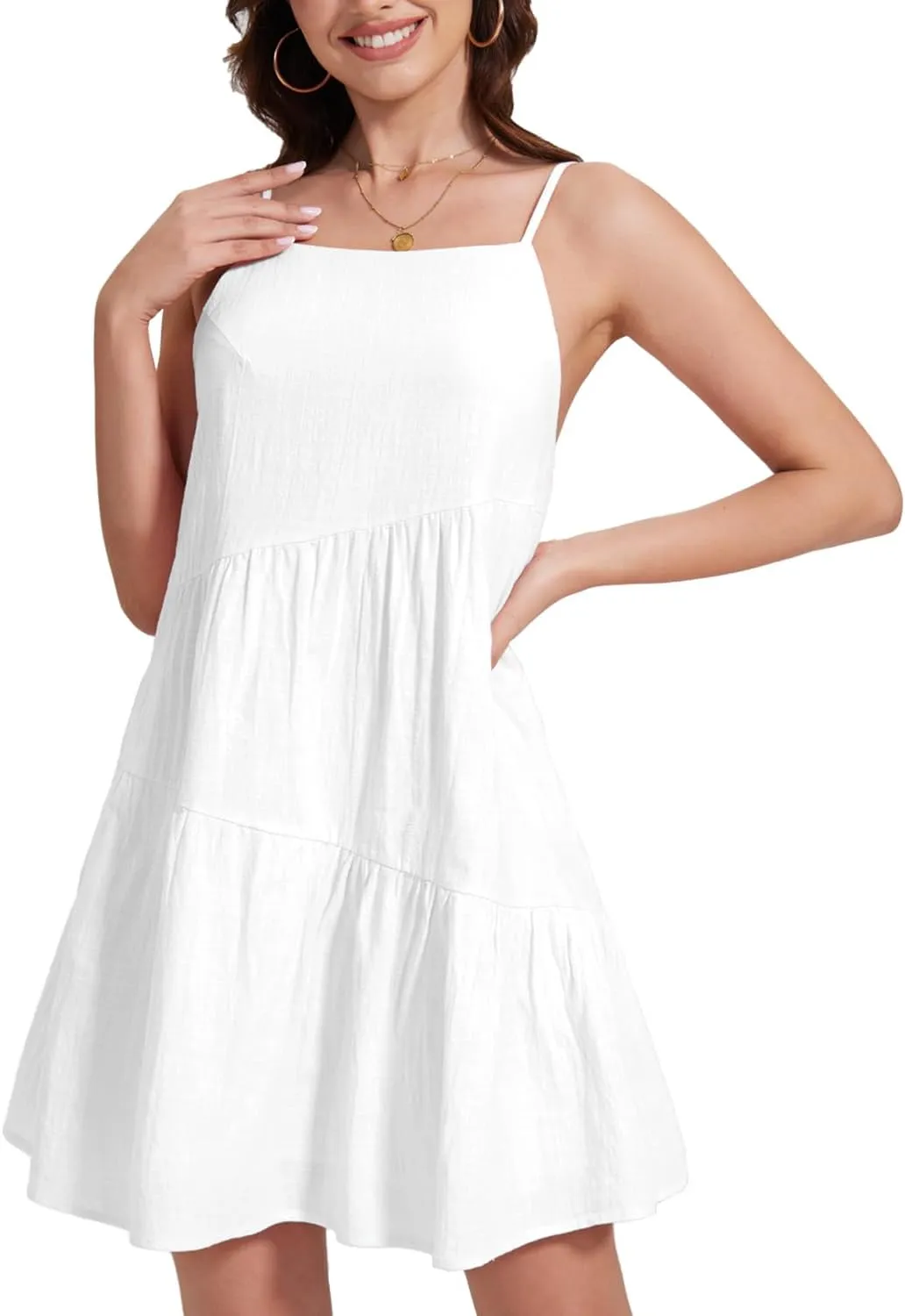 FANCYINN Women's 2025 Summer Mini Dress Sleeveless Spaghetti Strap,Backless Tiered Swing Dress Beach Wedding Guest,Vacation