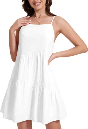 FANCYINN Women's 2025 Summer Mini Dress Sleeveless Spaghetti Strap,Backless Tiered Swing Dress Beach Wedding Guest,Vacation