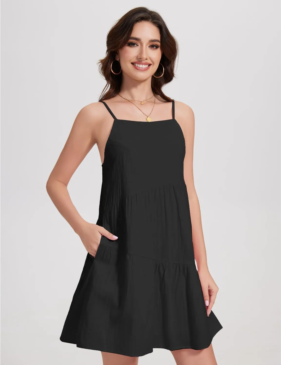 FANCYINN Women's 2025 Summer Mini Dress Sleeveless Spaghetti Strap,Backless Tiered Swing Dress Beach Wedding Guest,Vacation