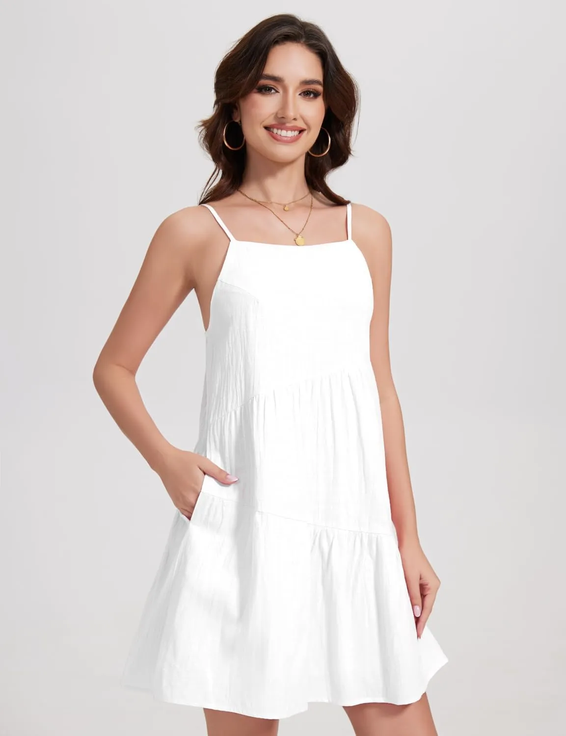 FANCYINN Women's 2025 Summer Mini Dress Sleeveless Spaghetti Strap,Backless Tiered Swing Dress Beach Wedding Guest,Vacation