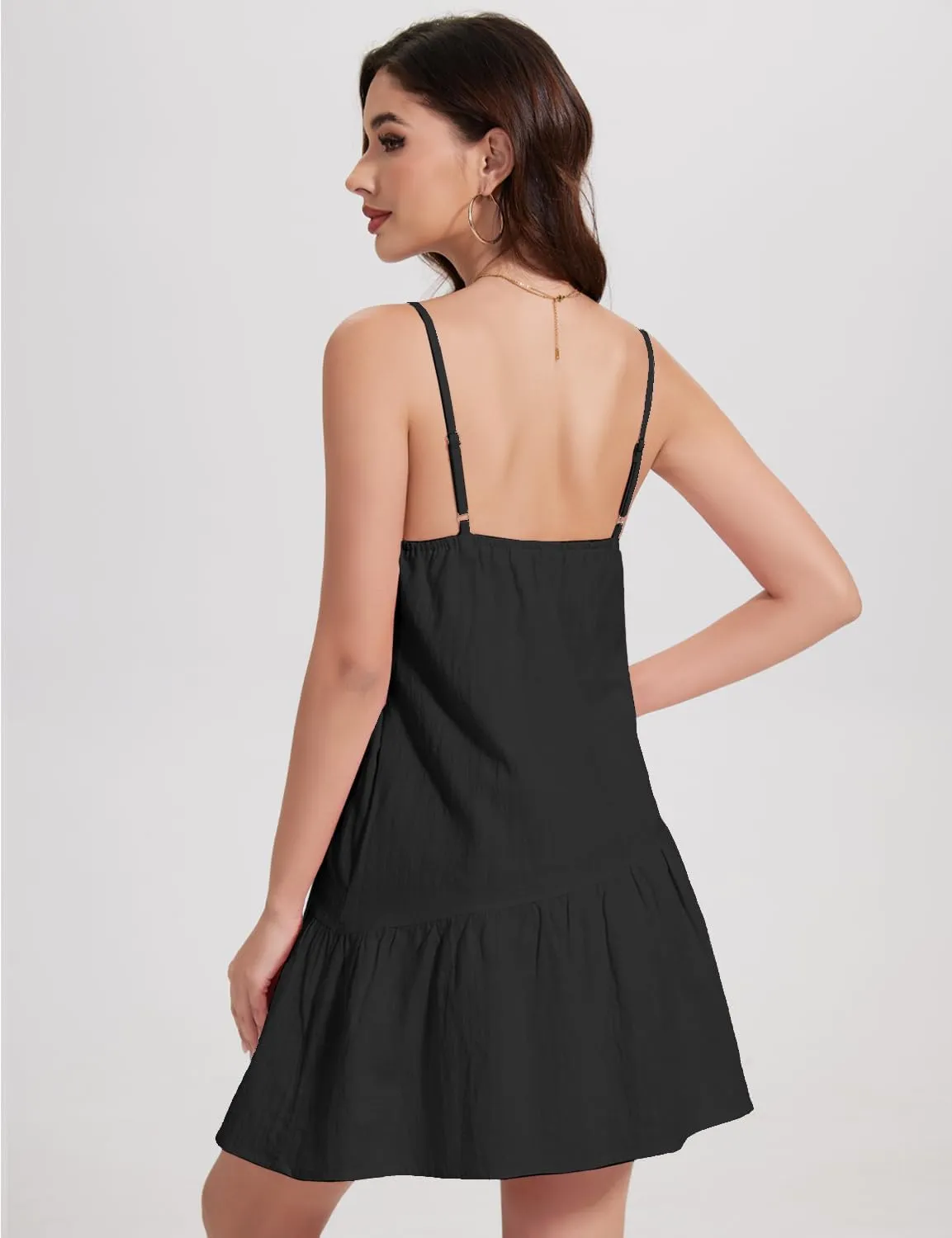 FANCYINN Women's 2025 Summer Mini Dress Sleeveless Spaghetti Strap,Backless Tiered Swing Dress Beach Wedding Guest,Vacation