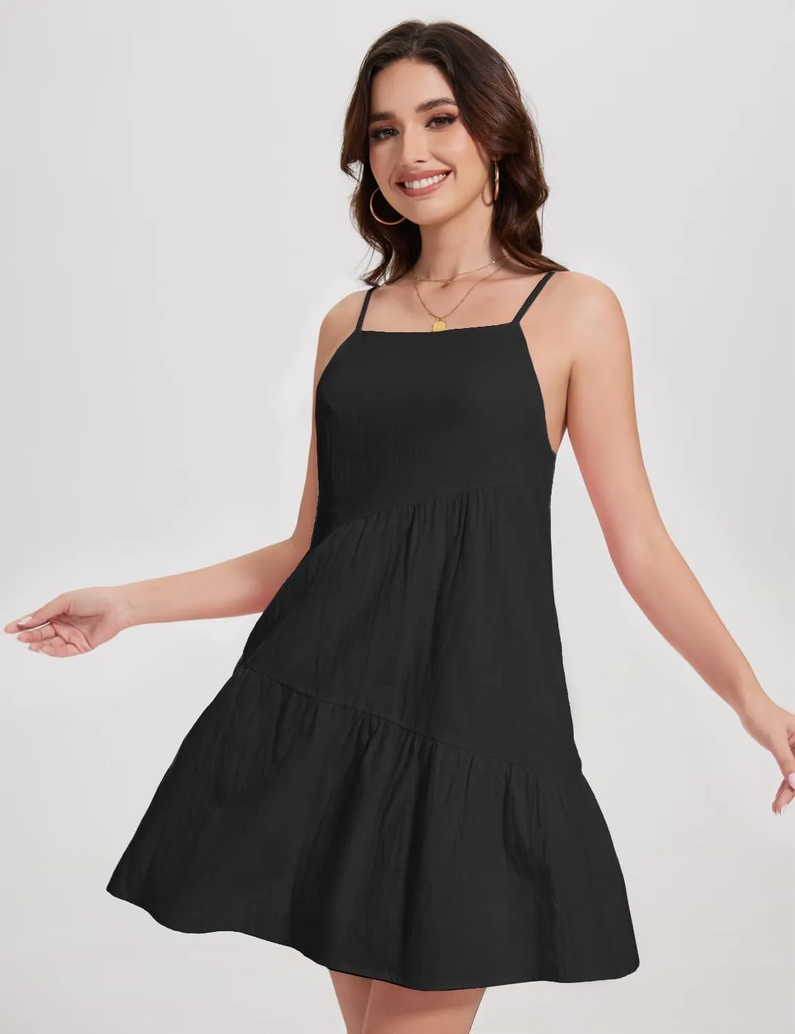 FANCYINN Women's 2025 Summer Mini Dress Sleeveless Spaghetti Strap,Backless Tiered Swing Dress Beach Wedding Guest,Vacation