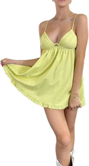 Faretumiya Women Spaghetti Strap Going Out Mini Dress Y2k Low Cut A-Line Ruffle Hem Short Sleeaveless Backless Cocktail Dress