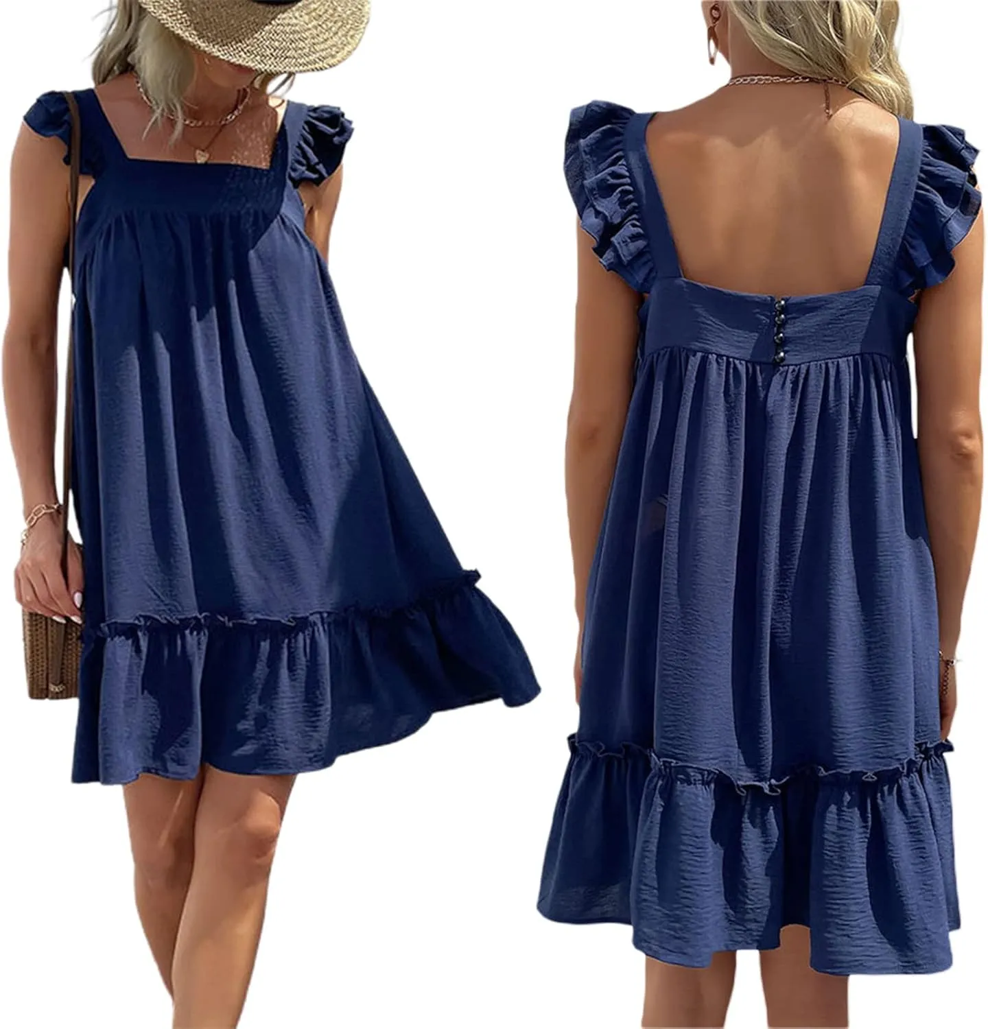 Faretumiya Women Spaghetti Strap Going Out Mini Dress Y2k Low Cut A-Line Ruffle Hem Short Sleeaveless Backless Cocktail Dress