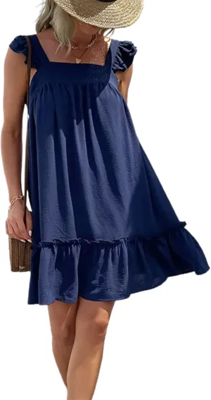 Faretumiya Women Spaghetti Strap Going Out Mini Dress Y2k Low Cut A-Line Ruffle Hem Short Sleeaveless Backless Cocktail Dress