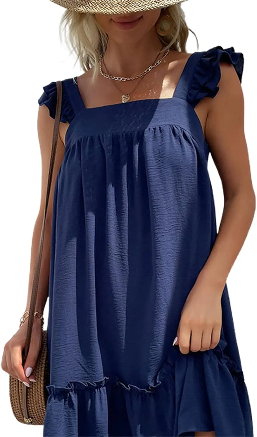Faretumiya Women Spaghetti Strap Going Out Mini Dress Y2k Low Cut A-Line Ruffle Hem Short Sleeaveless Backless Cocktail Dress