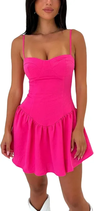 Faretumiya Women Spaghetti Strap Going Out Mini Dress Y2k Low Cut A-Line Ruffle Hem Short Sleeaveless Backless Cocktail Dress