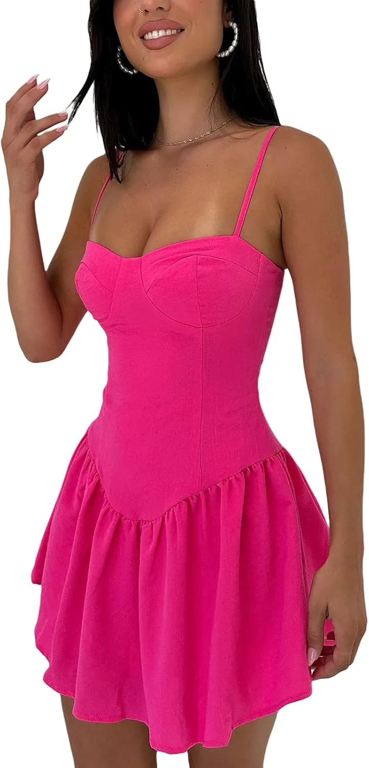 Faretumiya Women Spaghetti Strap Going Out Mini Dress Y2k Low Cut A-Line Ruffle Hem Short Sleeaveless Backless Cocktail Dress