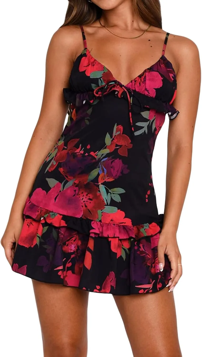 Faretumiya Women Spaghetti Strap Going Out Mini Dress Y2k Low Cut A-Line Ruffle Hem Short Sleeaveless Backless Cocktail Dress