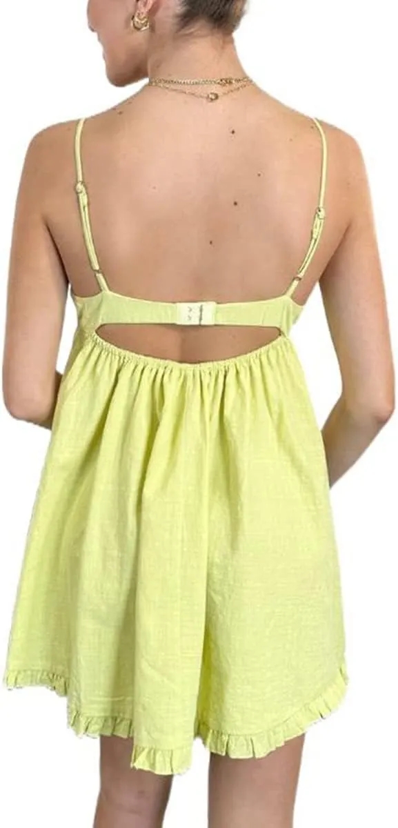 Faretumiya Women Spaghetti Strap Going Out Mini Dress Y2k Low Cut A-Line Ruffle Hem Short Sleeaveless Backless Cocktail Dress