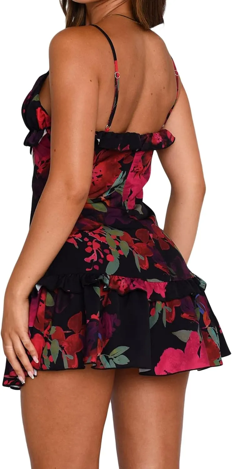 Faretumiya Women Spaghetti Strap Going Out Mini Dress Y2k Low Cut A-Line Ruffle Hem Short Sleeaveless Backless Cocktail Dress