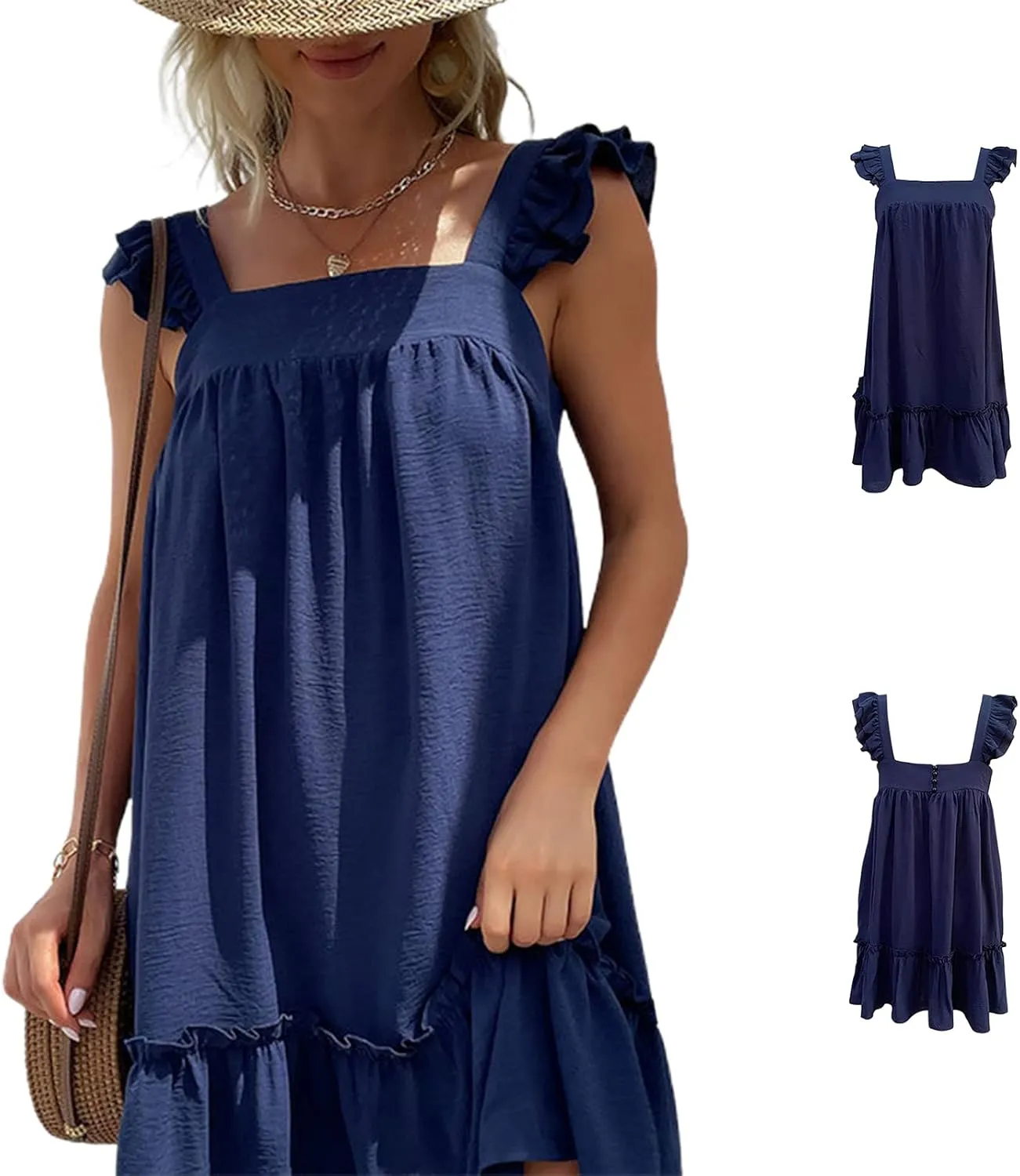 Faretumiya Women Spaghetti Strap Going Out Mini Dress Y2k Low Cut A-Line Ruffle Hem Short Sleeaveless Backless Cocktail Dress