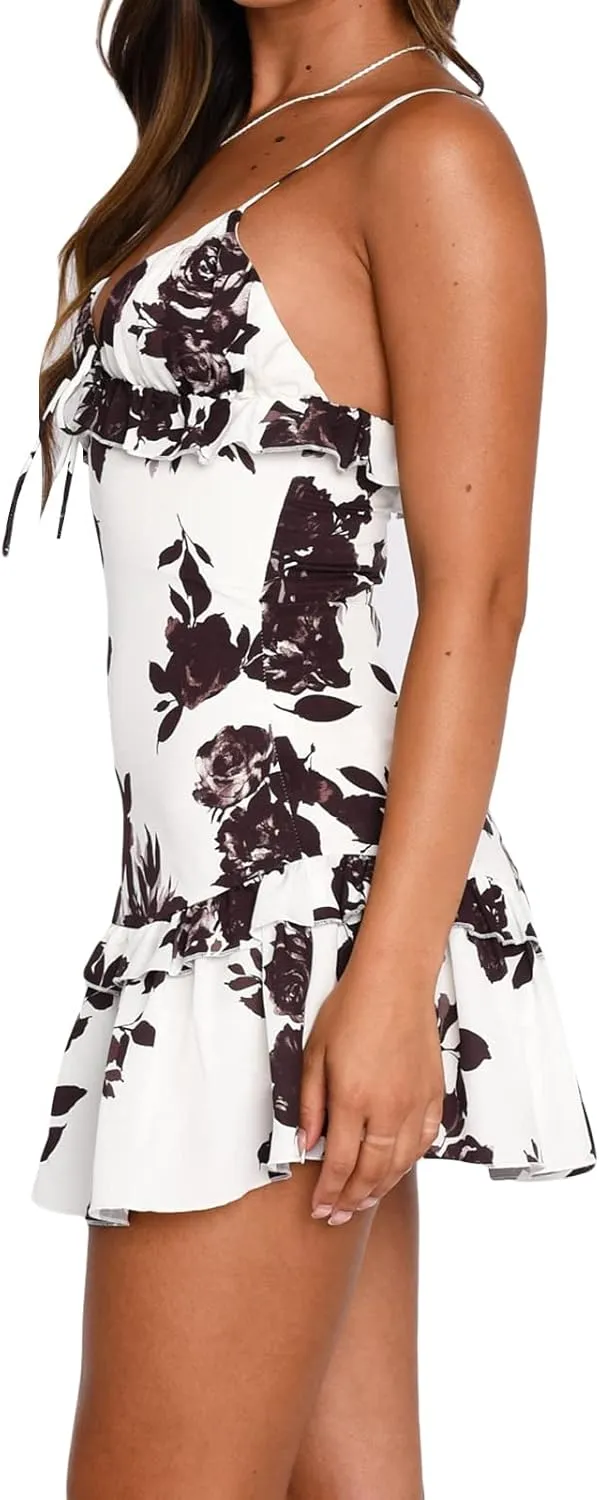 Faretumiya Women Spaghetti Strap Going Out Mini Dress Y2k Low Cut A-Line Ruffle Hem Short Sleeaveless Backless Cocktail Dress