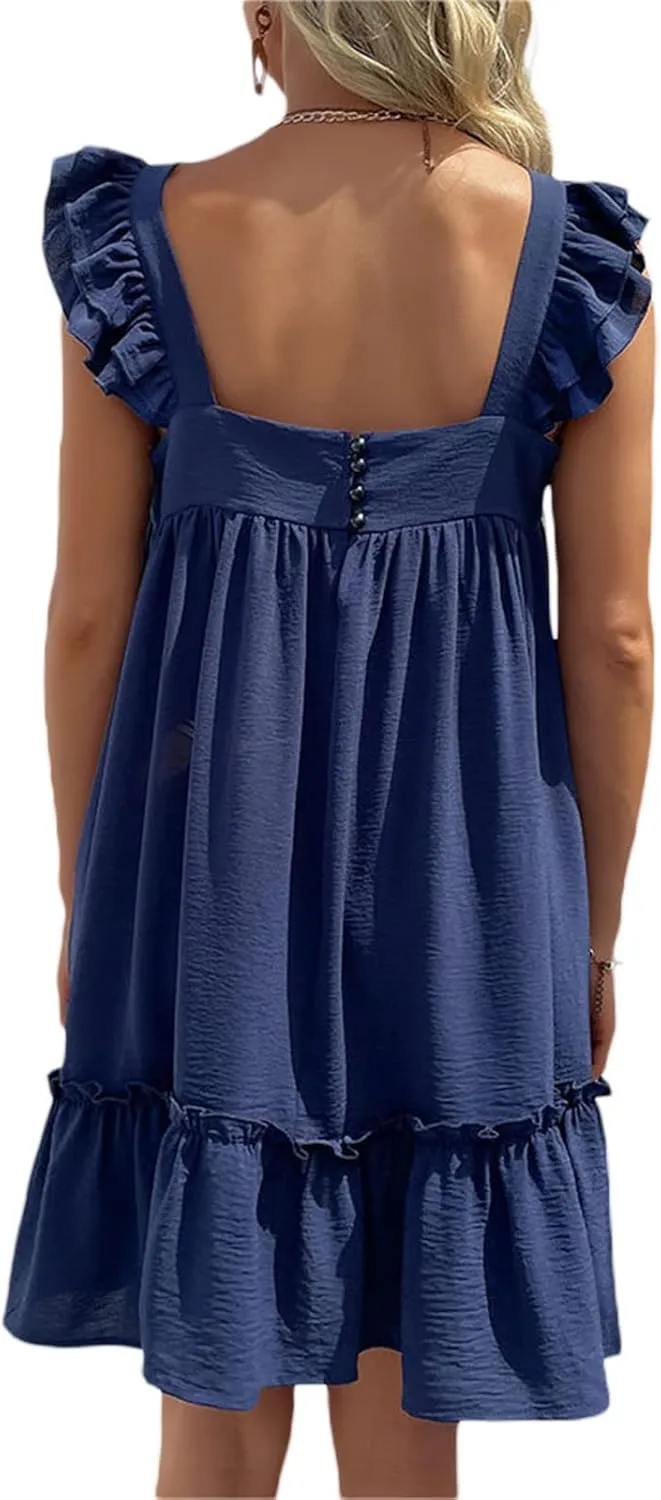 Faretumiya Women Spaghetti Strap Going Out Mini Dress Y2k Low Cut A-Line Ruffle Hem Short Sleeaveless Backless Cocktail Dress