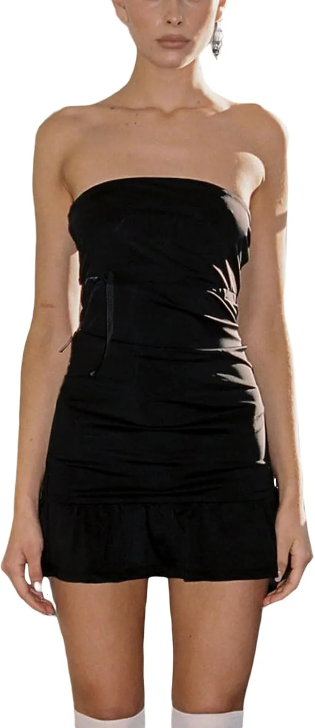 Faretumiya Y2k Babydoll Mini Dress Women Sleeveless Spaghetti Straps Ruffle Short Dress Summer Backless Swing Cami Dress