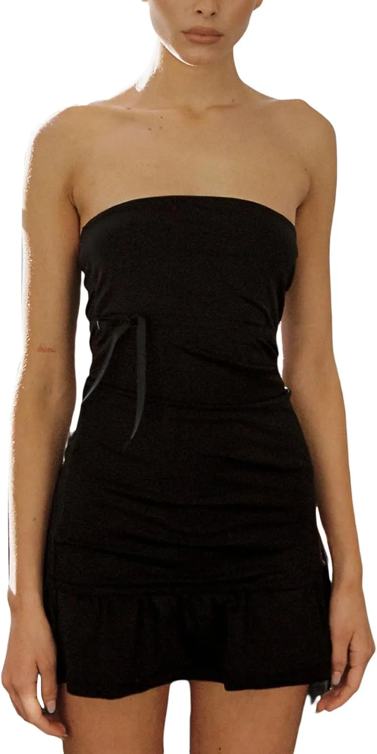 Faretumiya Y2k Babydoll Mini Dress Women Sleeveless Spaghetti Straps Ruffle Short Dress Summer Backless Swing Cami Dress