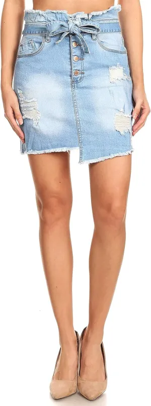 Fashion2Love Women's Juniors High Waisted Stretch Belted Asymmetric Ripped Denim Skirt