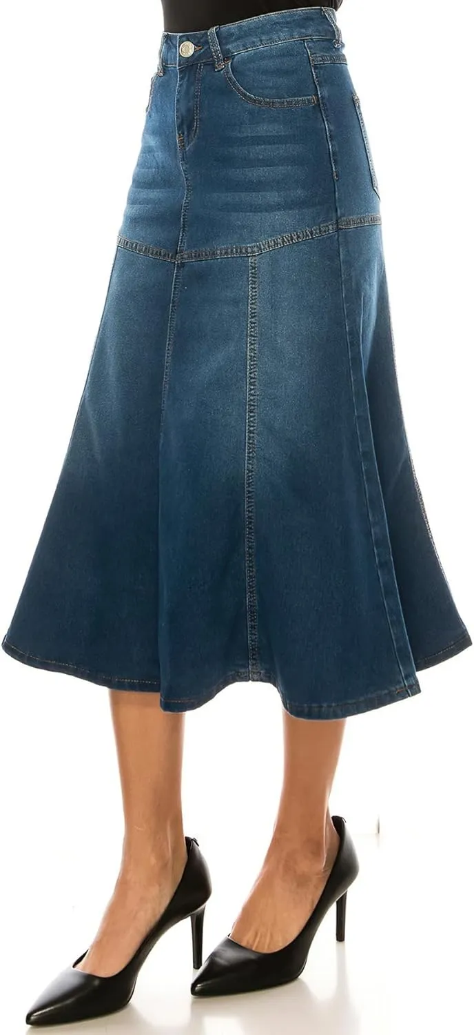 Fashion2Love Women's Juniors/Plus Size Stretch Denim Calf-Length Flared Skirt