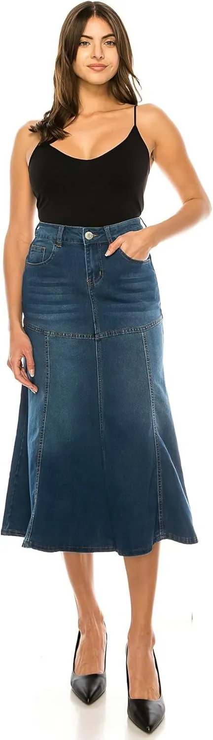 Fashion2Love Women's Juniors/Plus Size Stretch Denim Calf-Length Flared Skirt