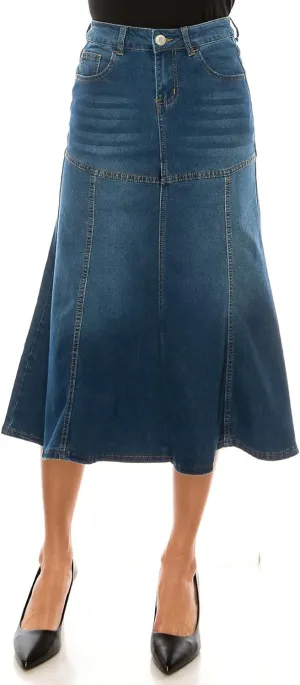 Fashion2Love Women's Juniors/Plus Size Stretch Denim Calf-Length Flared Skirt