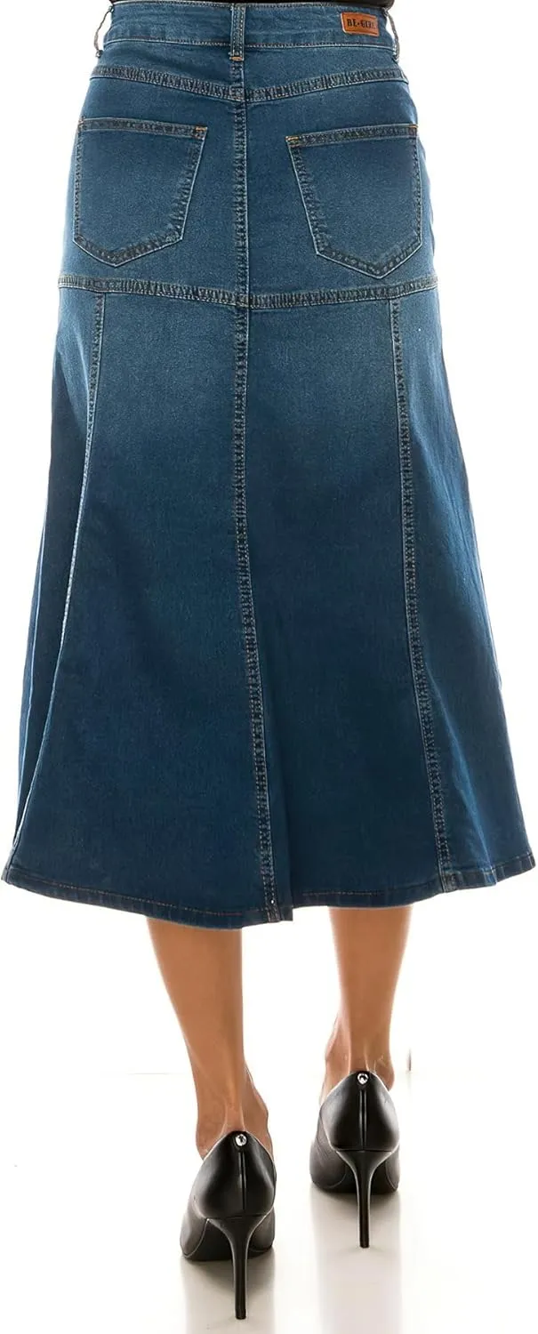 Fashion2Love Women's Juniors/Plus Size Stretch Denim Calf-Length Flared Skirt
