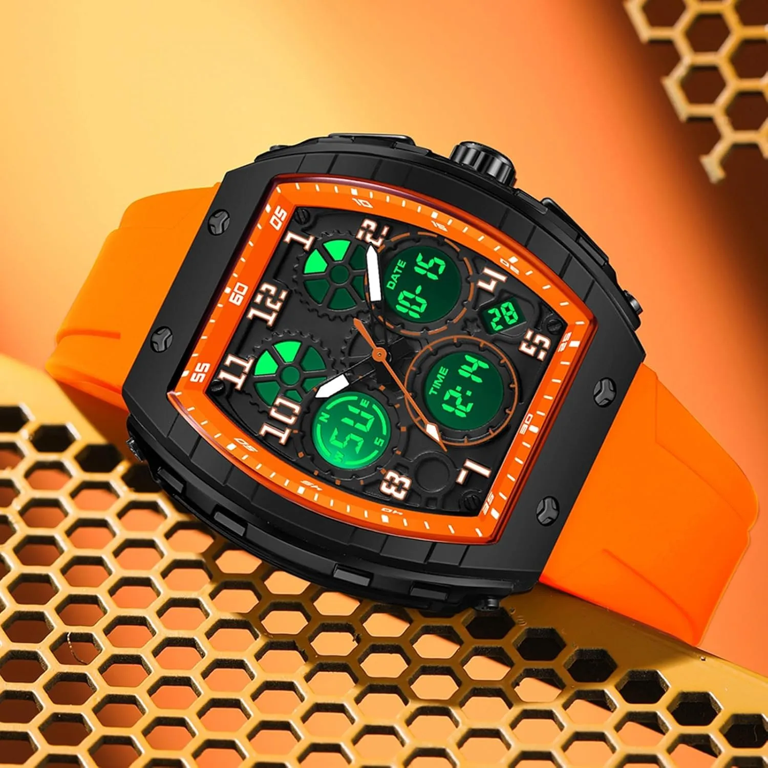 findtime Watches for Men Unique Rectangle Relojes para Hombres White Wristwatch with Digital Analog Dual Time Display Countdown Stopwatch Punk Cool Design 5ATM Waterproof