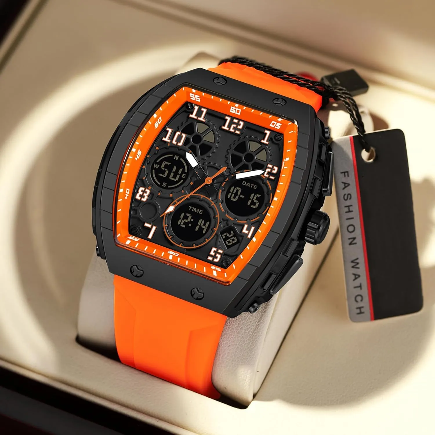 findtime Watches for Men Unique Rectangle Relojes para Hombres White Wristwatch with Digital Analog Dual Time Display Countdown Stopwatch Punk Cool Design 5ATM Waterproof