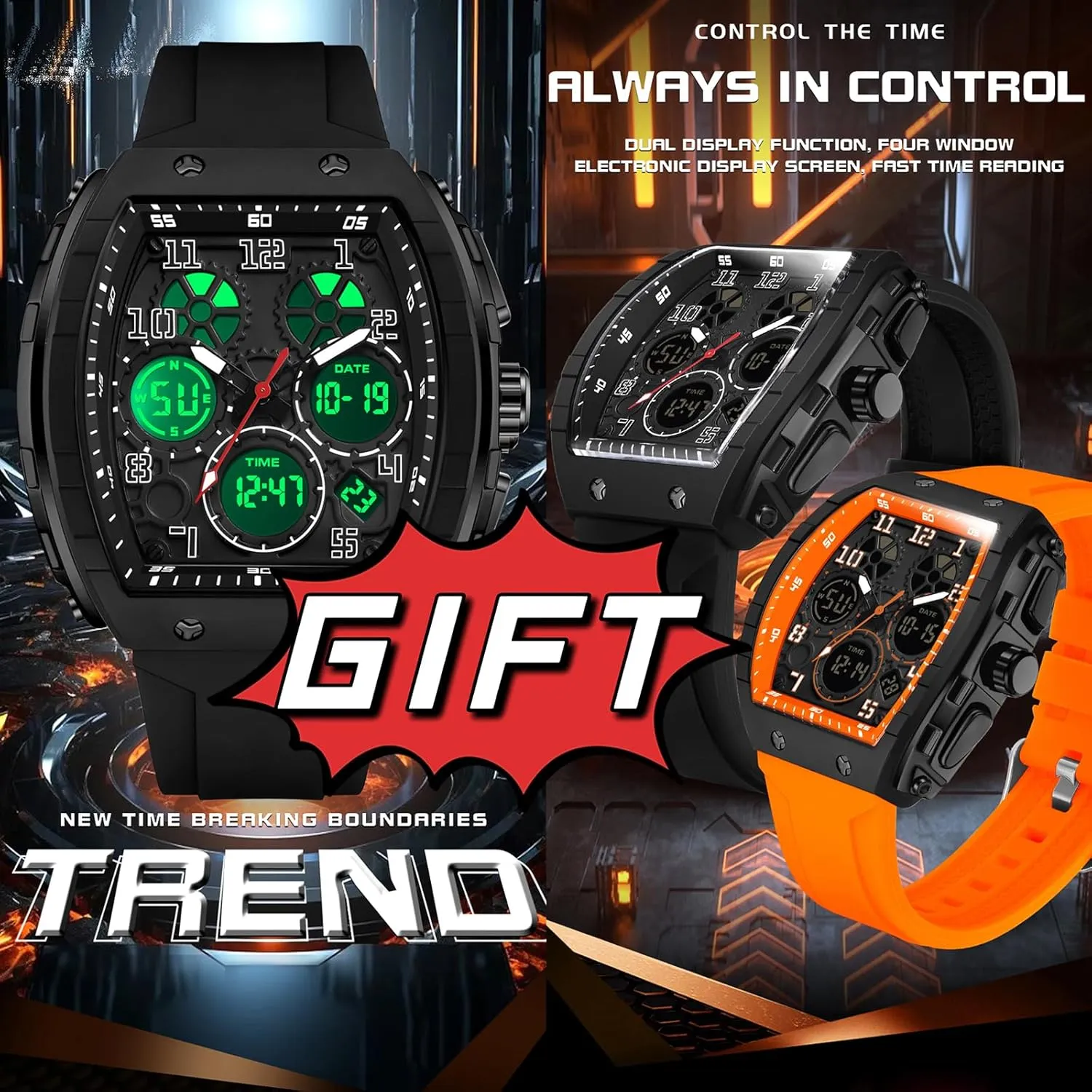 findtime Watches for Men Unique Rectangle Relojes para Hombres White Wristwatch with Digital Analog Dual Time Display Countdown Stopwatch Punk Cool Design 5ATM Waterproof