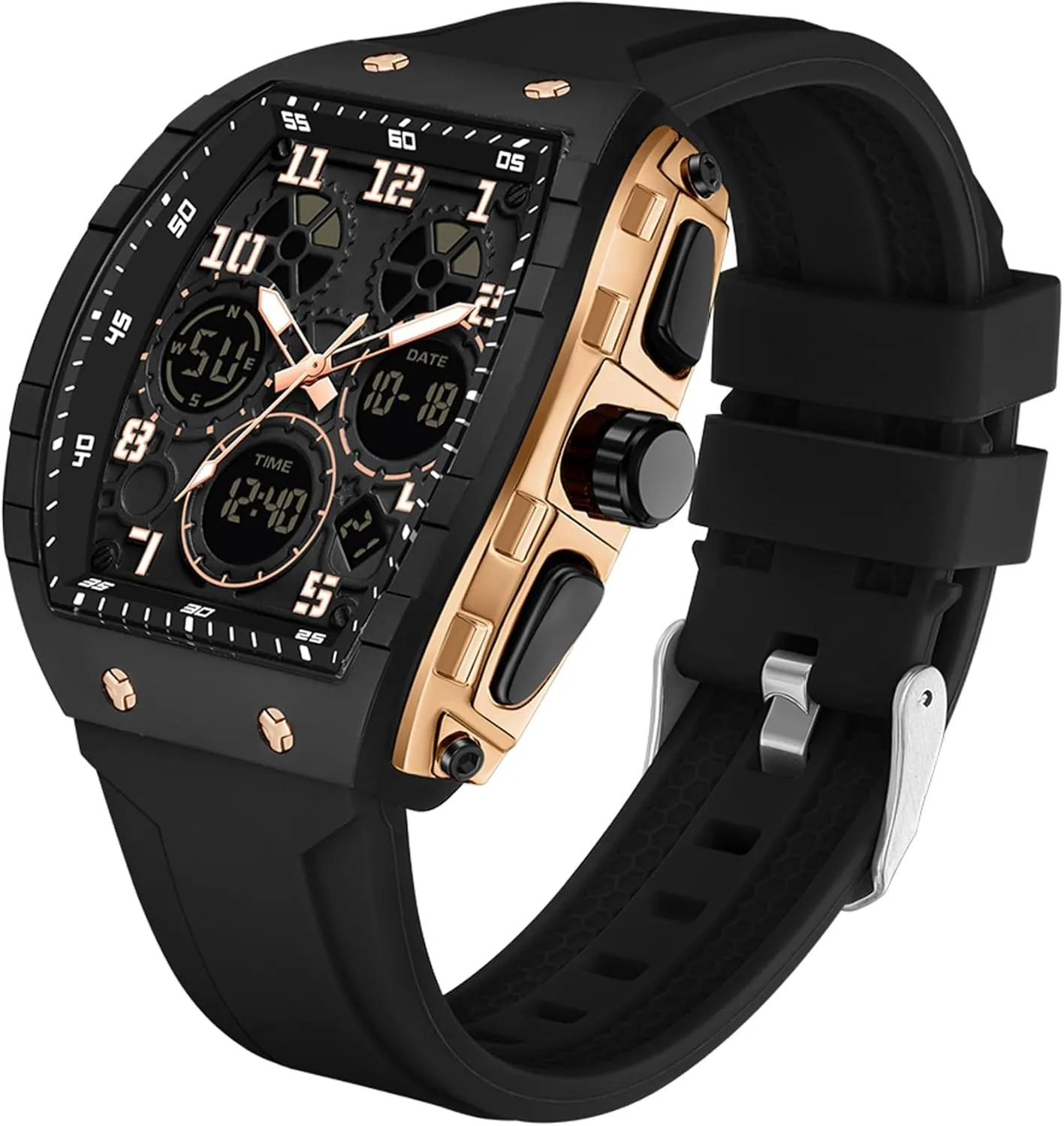 findtime Watches for Men Unique Rectangle Relojes para Hombres White Wristwatch with Digital Analog Dual Time Display Countdown Stopwatch Punk Cool Design 5ATM Waterproof